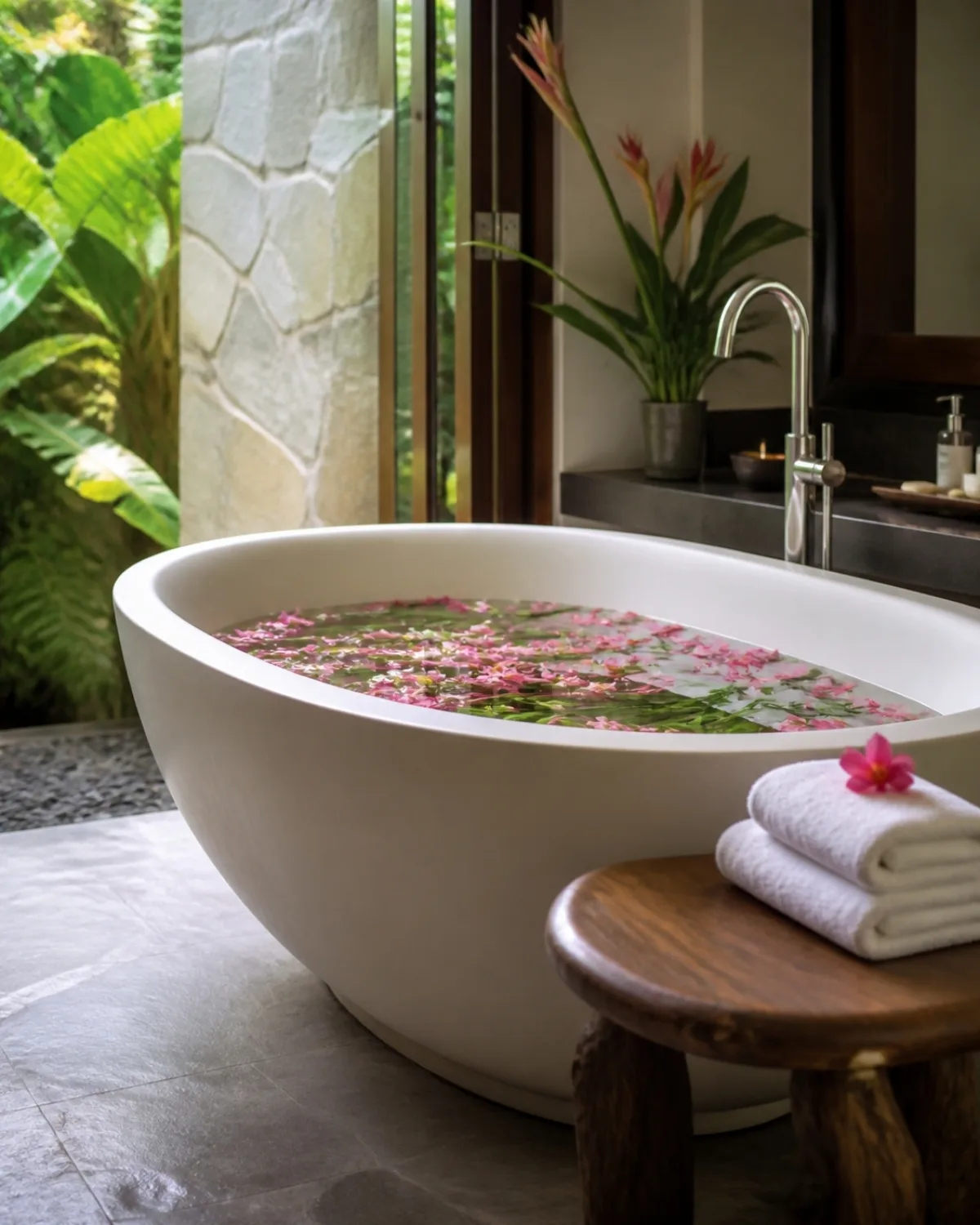 Bồn tắm thảo mộc rải cánh hoa, khăn trắng gấp bên cạnh